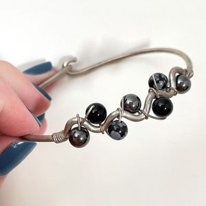 Vintage Real HEMATITE Stone Natural Boho Abstract Whimsical Goth Bangle Bracelet